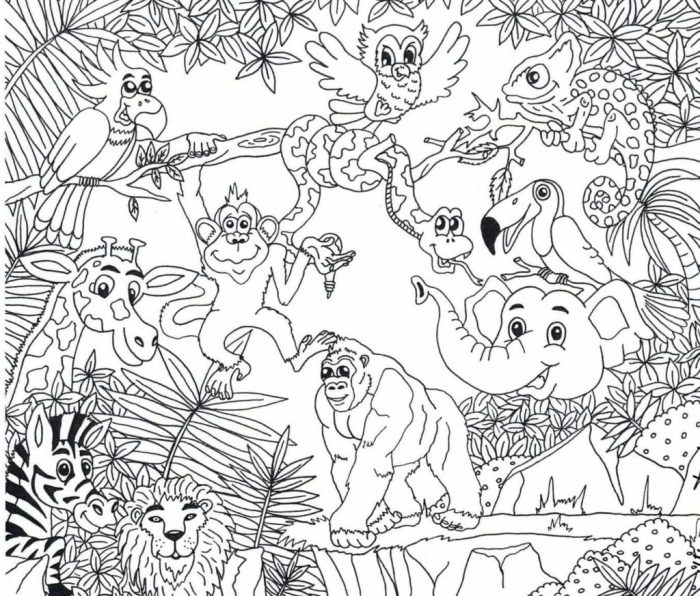 Easy jungle animal coloring template for kids