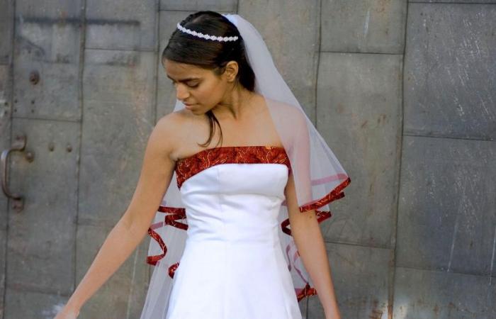 Camo wedding dress with orange