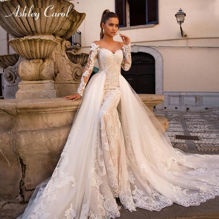 Wedding dresses train lace long overskirt arabic full dress detachable gowns sleeves bridal illusion embroidery mermaid sleeve plus vintage amelia